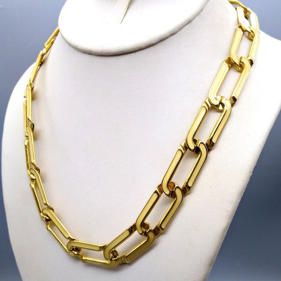 Beige Enamel Link Chain Necklace, Coordinating Vintage Gold Tone Elongated Links - Picture 3 of 3